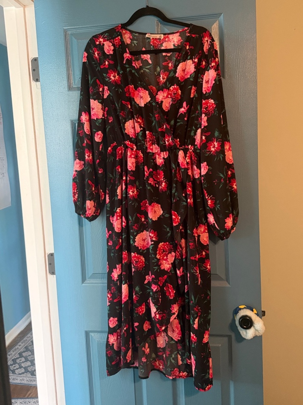 Madison Black Midi Dress with Pink Floral Print